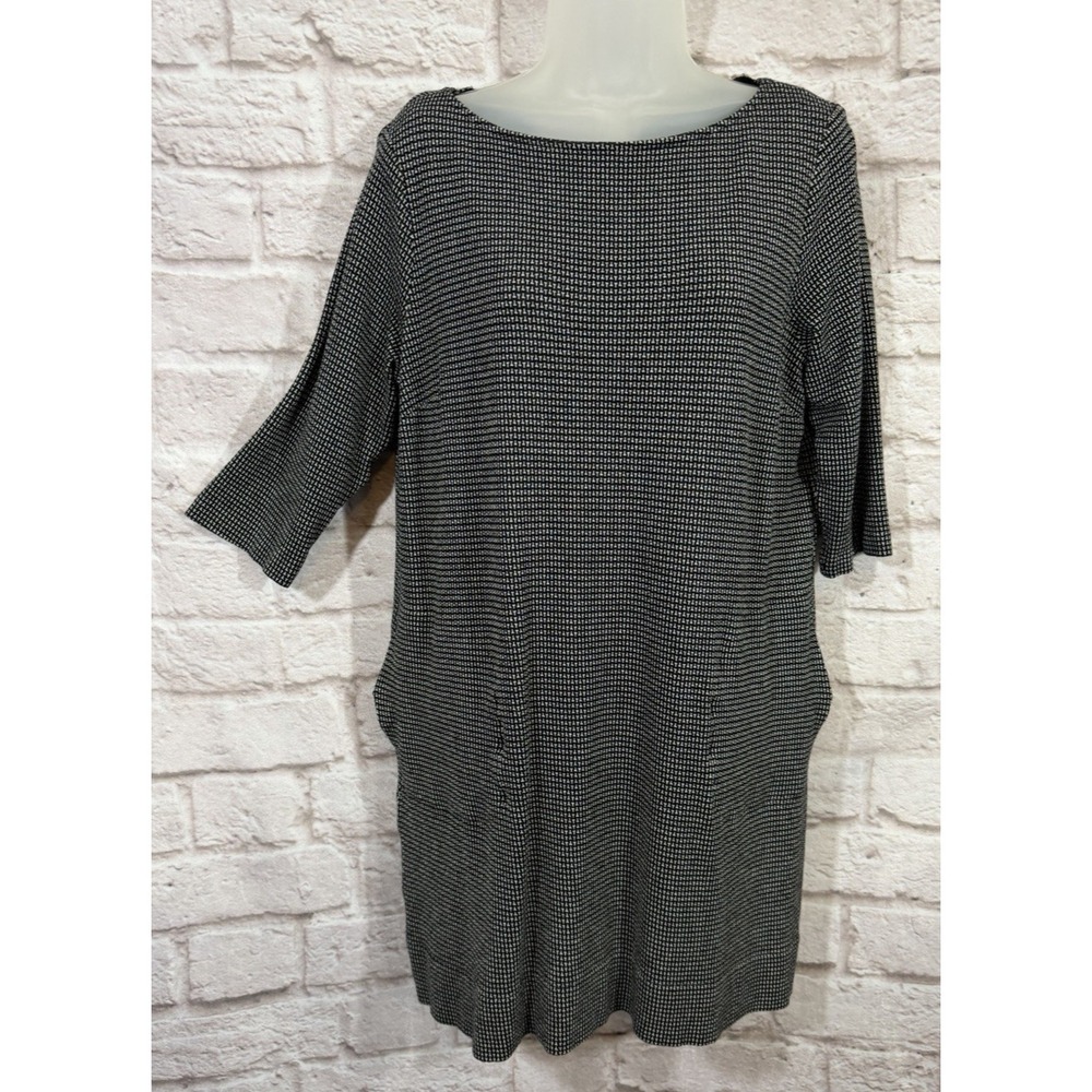 J Jill Ponte Knit Shift Tunic Dress M Black Gray Geometric Print Pockets Stretch